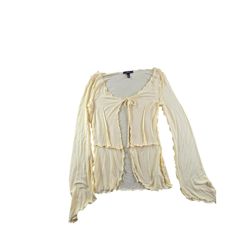 Forever 21 Pale Yellow Sheer Tie Front Lettuce Edge Cardigan Top Mens Medium